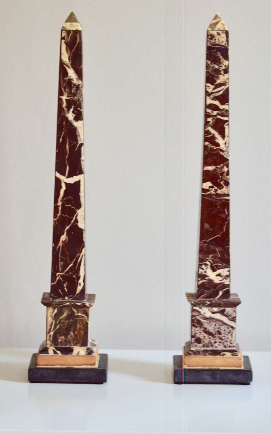 Pair of 19th Century 'Grand Tour' Figured Griotte Marble Obelisks