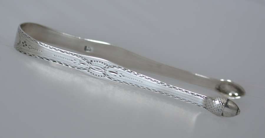 Hester Bateman Bright Cut Georgian Silver Sugar Tongs - Acorn Design