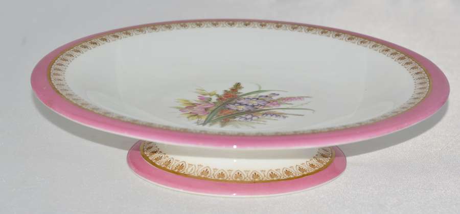 1879 Royal Worcester Hand Painted Pedestal Dish / Floral Pink and Gold