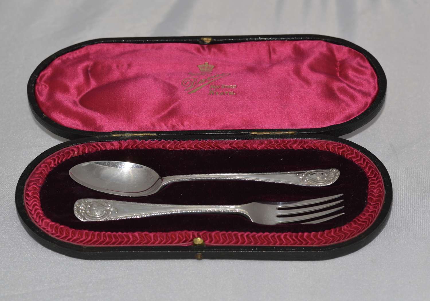 1908 Art Nouveau Solid Silver Christening Fork + Spoon Josiah Williams
