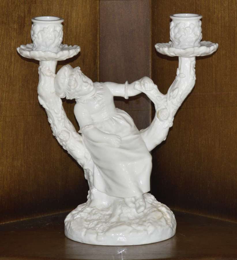 1886 Royal Worcester White Porcelain Two Branch Girl Candelabra
