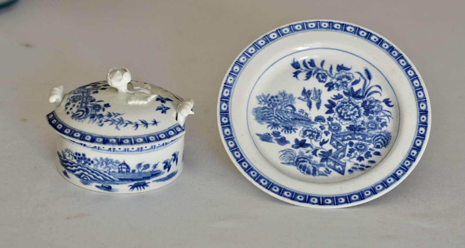 18th Century Dr Wall Worcester Blue Butter Tub, Cover and Stand c1770