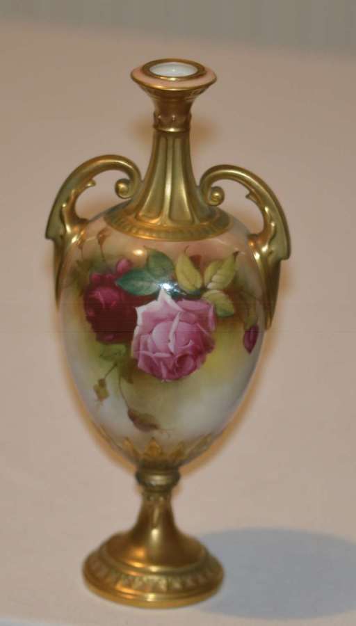 1909 Royal Worcester Hadley Porcelain Vase Twin Handles Signed Austin