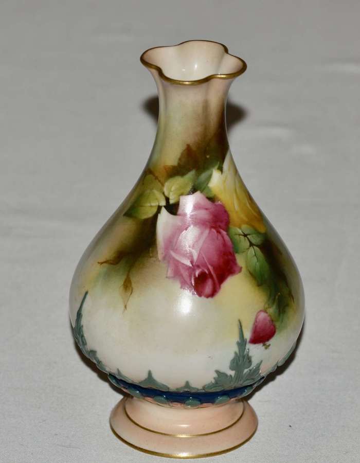 1909 Royal Worcester Hadley Porcelain Vase - Pink and Yellow Flowers