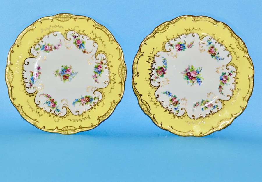 Stunning Pair of C1895 Minton Yellow Ground Dessert Plates