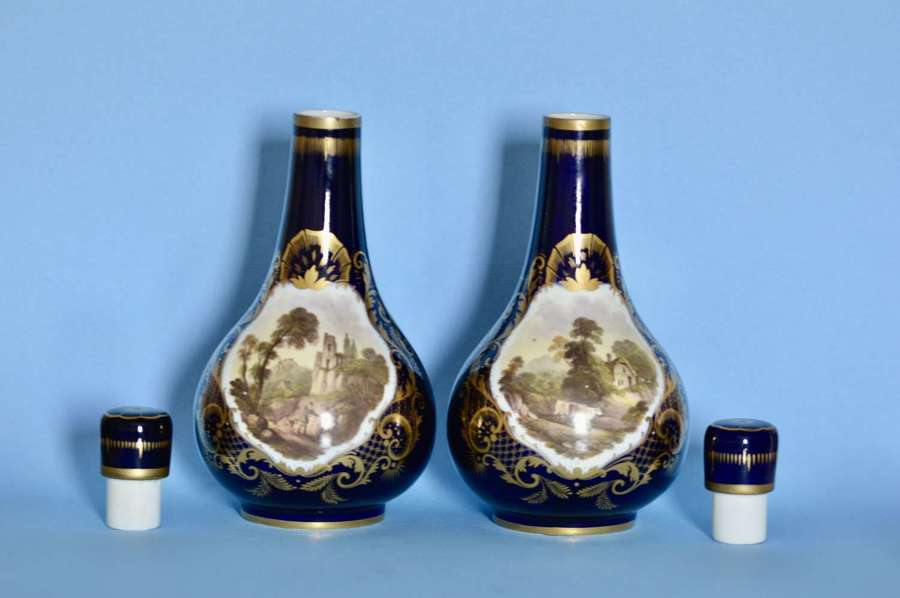A Pair of c1830 Derby Porcelain Blue-Ground Bottle-Vases and Covers